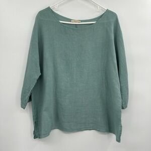 Giusy Womens Linen Boxy 3/4 Sleeve Top Size M Aqua Lagenlook Coastal Resort